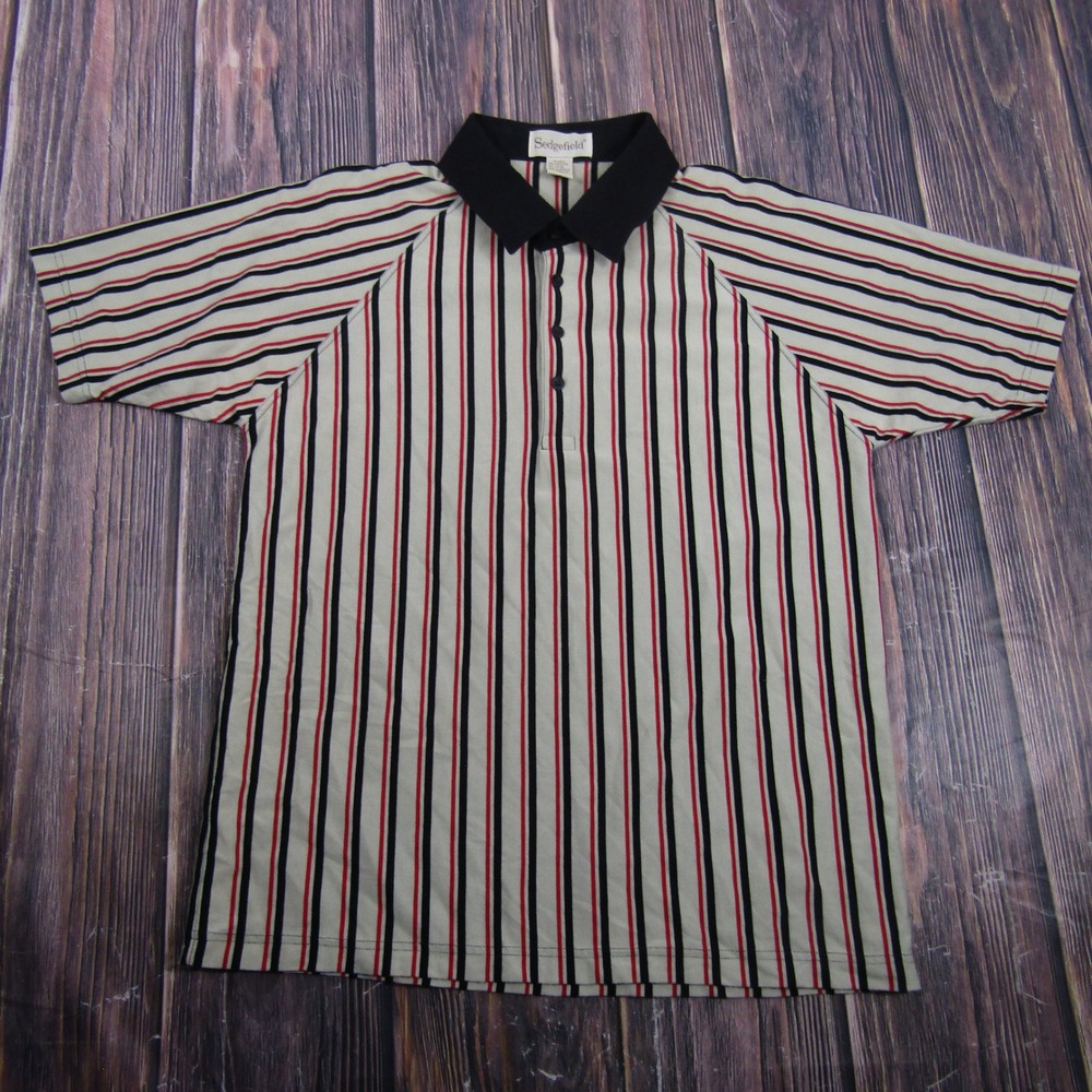 Sedgefield Polo Shirt Mens Medium Gray Red Black Vertical Stripe Vintage VE605ST